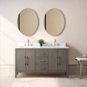 Vanity Art 60 in. W x 22 in. D x 34 in. H Double-Sink Bath Vanity in Driftwood Gray with Engineered Marble Top in Arabescato White T726948273