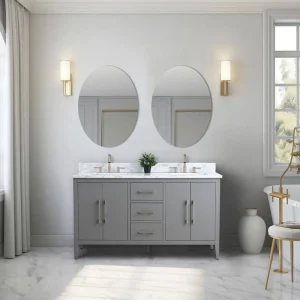 Vanity Art 60 in. W x 22 in. D x 34 in. H Double Sink Bathroom Vanity Cabinet in Cashmere Gray with Engineered Marble Top in White T726948274