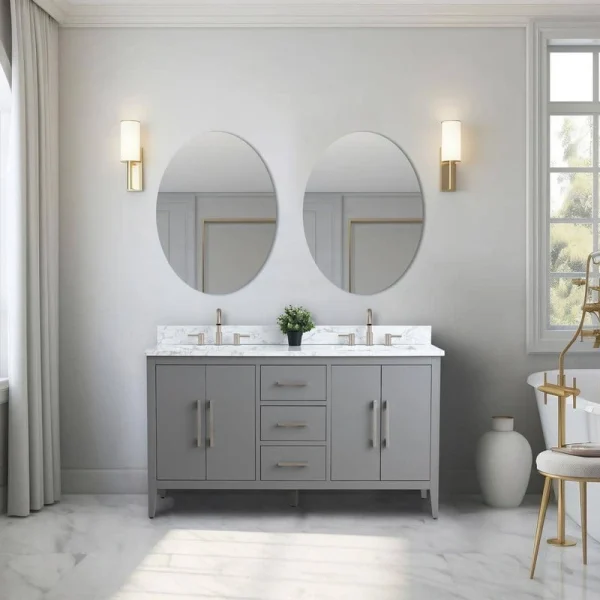 Vanity Art 60 in. W x 22 in. D x 34 in. H Double Sink Bathroom Vanity Cabinet in Cashmere Gray with Engineered Marble Top in White T726948274