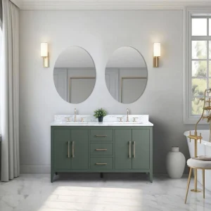 Vanity Art 60 in. W x 22 in. D x 34 in. H Double Sink Bathroom Vanity Cabinet in Vintage Green with Engineered Marble Top in White T726948269