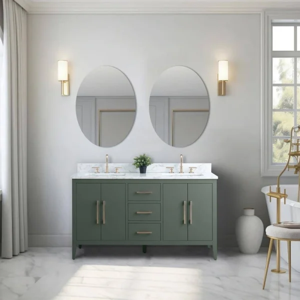 Vanity Art 60 in. W x 22 in. D x 34 in. H Double Sink Bathroom Vanity Cabinet in Vintage Green with Engineered Marble Top in White T726948269