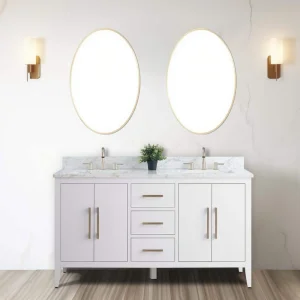 Vanity Art 60 in. W x 22 in. D x 34 in. H Double Sink Bathroom Vanity Cabinet in White with Engineered Marble Top in White T726948267
