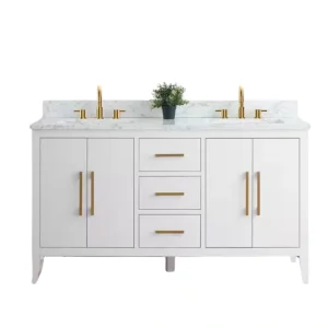 Vanity Art 60 in. W x 22 in. D x 34 in. H Double Sink Bathroom Vanity Cabinet in White with Engineered Marble Top in White T726948366