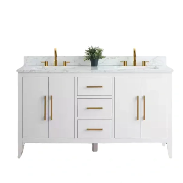 Vanity Art 60 in. W x 22 in. D x 34 in. H Double Sink Bathroom Vanity Cabinet in White with Engineered Marble Top in White T726948366