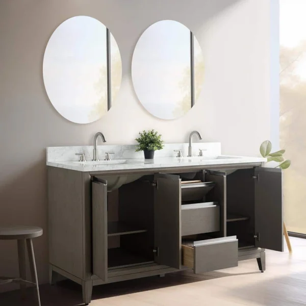 Vanity Art 60 in. W x 22 in. D x 34 in. H Double Sink Bathroom Vanity in Driftwood Gray with Engineered Marble Top