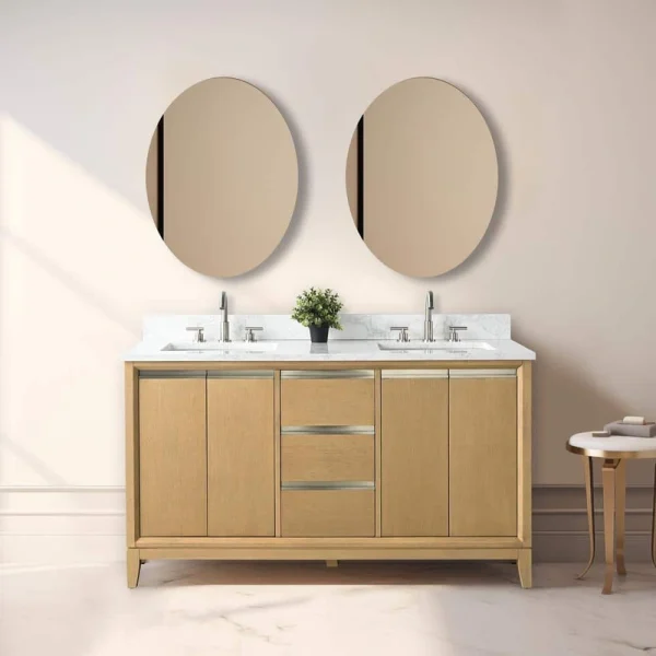 Vanity Art 60 in. W x 22 in. D x 34 in. H Double Sink Bathroom Vanity in Natural Oak with Engineered Marble Top