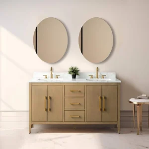 Vanity Art 60 in. W x 22 in. D x 34 in. H Double-Sink Bathroom Vanity in Natural Oak with Engineered Marble Top in Arabescato White T726948270