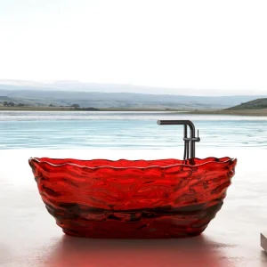 Vanity Art 69 in. x 30 in. Freestanding Oval Soaking Stone Resin Bathtub in Pure Resin Red with Polished Chrome Pop Up Drain