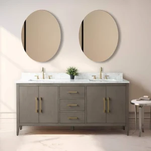 Vanity Art 72 in. W x 22 in. D x 34 in. H Double-Sink Bath Vanity Driftwood Gray with Engineered Marble Top in in Arabescato White