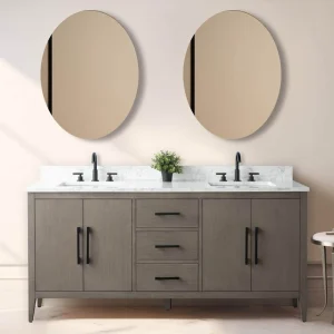 Vanity Art 72 in. W. x 22 in. D x 34 in. H Double Sink Bathroom Vanity Cabinet Driftwood Gray with Engineered Marble Top in White