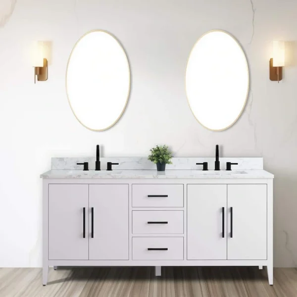 Vanity Art 72 in. W x 22 in. D x 34 in. H Double Sink Bathroom Vanity Cabinet in White with Engineered Marble Top T726948268