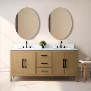 Vanity Art 72 in. W x 22 in. D x 34 in. H Double-Sink Bathroom Vanity in Natural Oak with Engineered Marble Top in Arabescato White T726948271