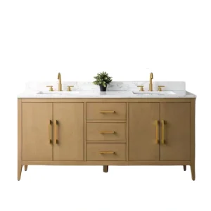 Vanity Art 72 in. W x 22 in. D x 34 in. H Double-Sink Bathroom Vanity in Natural Oak with Engineered Marble Top in Arabescato White T726948371