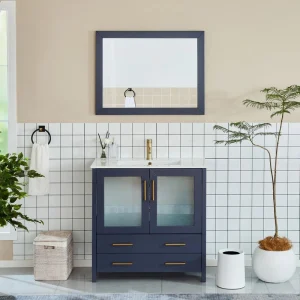 Vanity Art Brescia 36 in. W x 18 in. D x 36 in. H Single Sink Bathroom Vanity in Blue with White Ceramic Top and Mirror