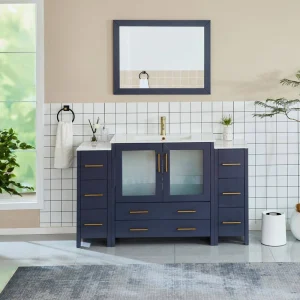 Vanity Art Brescia 60 in. W x 18 in. D x 36 in. H Single Sink Bathroom Vanity in Blue with White Ceramic Top and Mirror