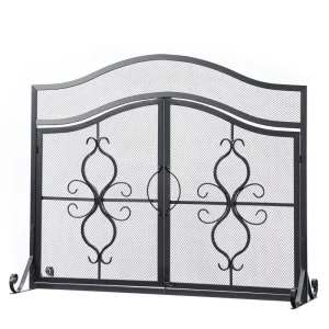 Vanity Art Brescia Black Iron 2-Panel Fireplace Screen with Decorative Filigree