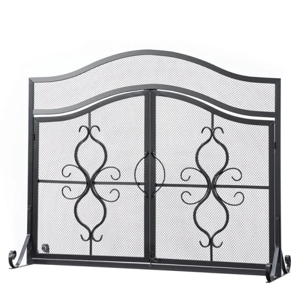 Vanity Art Brescia Black Iron 2-Panel Fireplace Screen with Decorative Filigree