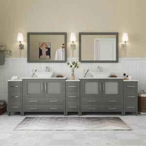 Vanity Art Ravenna 108 in. W Bathroom Vanity in Grey with Double Basin in White Engineered Marble Top and Mirrors
