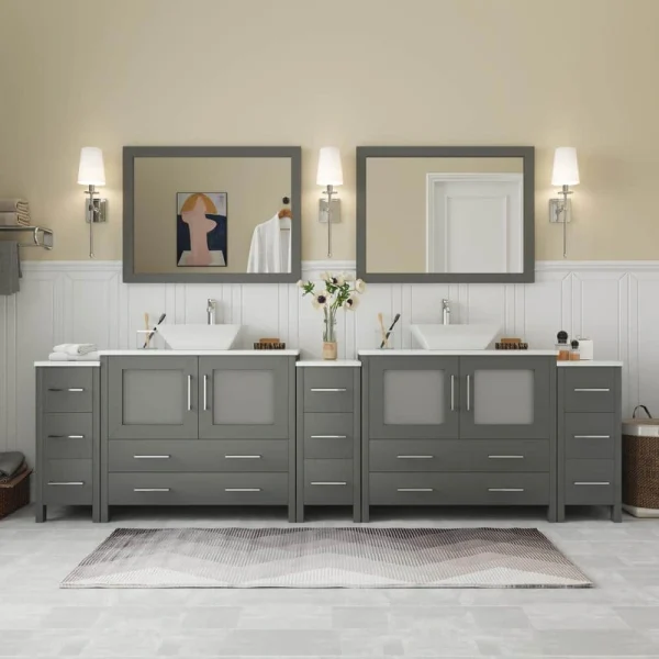 Vanity Art Ravenna 108 in. W Bathroom Vanity in Grey with Double Basin in White Engineered Marble Top and Mirrors