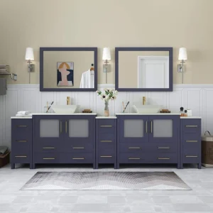Vanity Art Ravenna 108 in. W Double Basin Bathroom Vanity in Blue with White Engineered Marble Top and Mirror