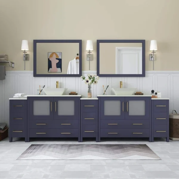 Vanity Art Ravenna 108 in. W Double Basin Bathroom Vanity in Blue with White Engineered Marble Top and Mirror