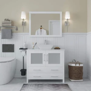 Vanity Art Ravenna 36 in. W Bathroom Vanity in White with Single Basin in White Engineered Marble Top and Mirror