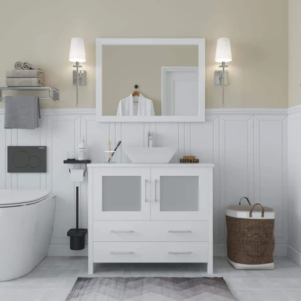 Vanity Art Ravenna 36 in. W Bathroom Vanity in White with Single Basin in White Engineered Marble Top and Mirror
