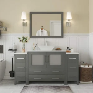 Vanity Art Ravenna 60 in. W Bathroom Vanity in Grey with Single Basin in White Engineered Marble Top and Mirror