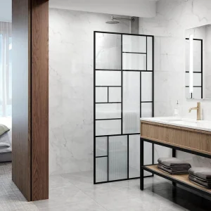 VIGO Meridian 34 in W x 74 in H Framed Shower Screen in Matte Black with Mixed Clear Grid, Privacy, and Fluto White Glass