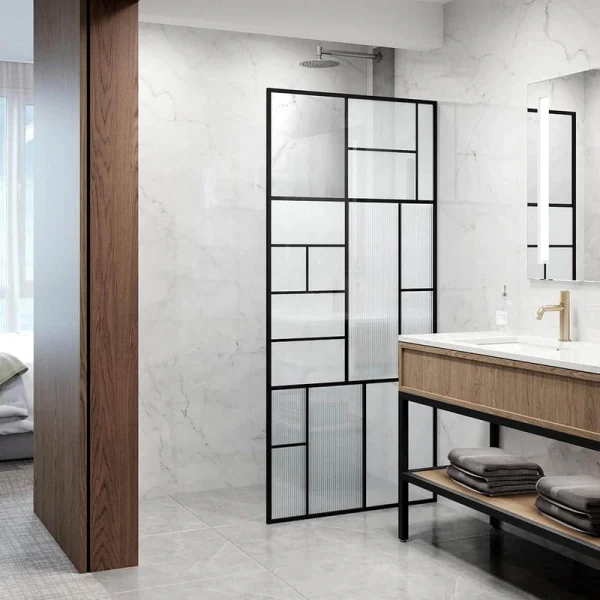 VIGO Meridian 34 in W x 74 in H Framed Shower Screen in Matte Black with Mixed Clear Grid, Privacy, and Fluto White Glass