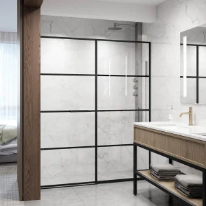 VIGO Meridian 59 1/2 to 60 in. W x 74 in. H Hinged Shower Door in Matte Black and Clear Grid Glass