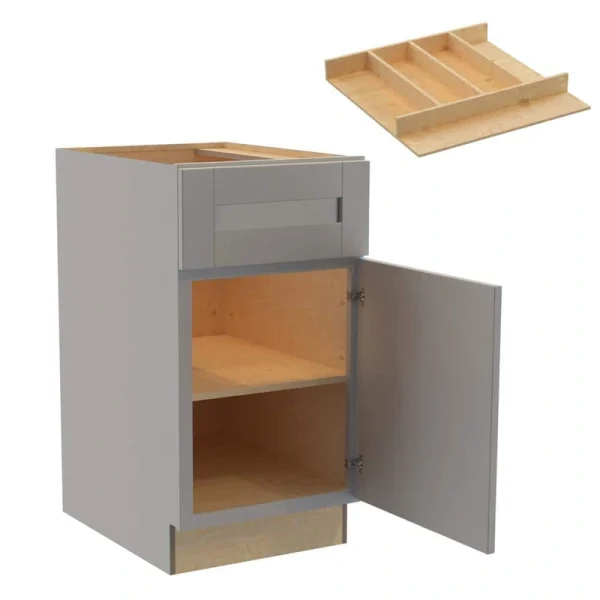 Washington 18 in. W x 24 in. D x 34.5 in. H Veiled Gray Plywood Shaker Assembled Base Kitchen Cabinet Right Utility Tray