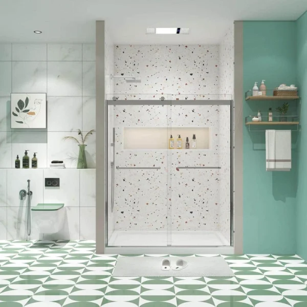 waterpar 58 to 60 in. W x 76 in. H Sliding Framed Shower Door in Brushed Nickel with Clear Glass