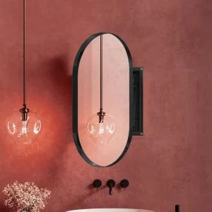 WELLFOR 20.5-in x 33.5-in Surface/Recessed Mount Black Mirrored Oval Soft Close Medicine Cabinet