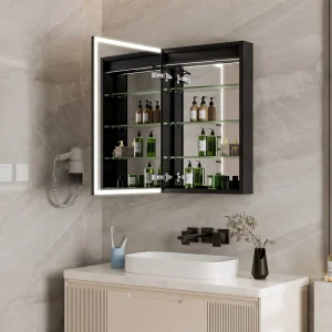 WELLFOR 20-in x 30-in Lighted LED Fog Free Surface/Recessed Mount Black Mirrored Soft Close Medicine Cabinet with Outlet