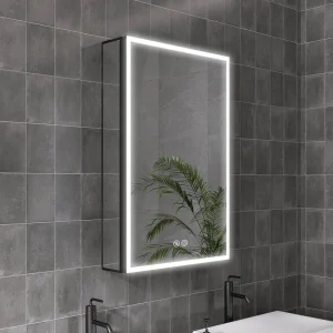 WELLFOR 20-in x 30-in Lighted LED Fog Free Surface/Recessed Mount Matte Black Mirrored Soft Close Medicine Cabinet with Outlet