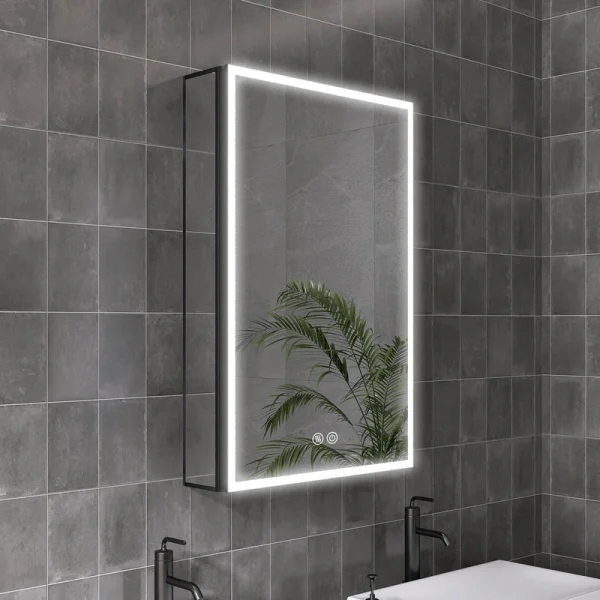 WELLFOR 20-in x 30-in Lighted LED Fog Free Surface/Recessed Mount Matte Black Mirrored Soft Close Medicine Cabinet with Outlet