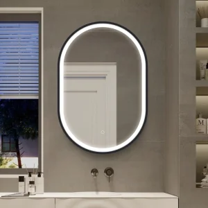 WELLFOR 21-in x 31-in Lighted LED Fog Free Surface Mount Black Mirrored Oval Medicine Cabinet T726916606