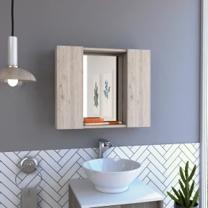 WELLFOR 24-in x 20-in Surface Mount Light Gray Mirrored Medicine Cabinet