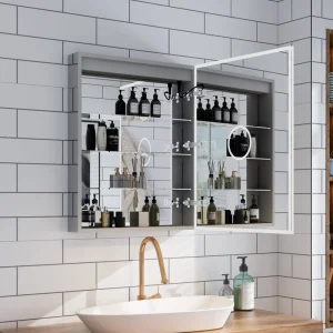 WELLFOR 24-in x 30-in Lighted LED Fog Free Surface/Recessed Mount Aluminum Mirrored Soft Close Medicine Cabinet