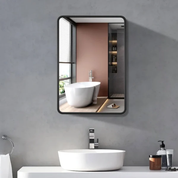 WELLFOR 24-in x 30-in Surface/Recessed Mount Black Mirrored Medicine Cabinet