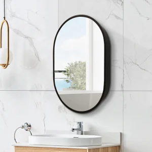 WELLFOR 24-in x 36-in Surface Mount Black Mirrored Oval Medicine Cabinet T726916608