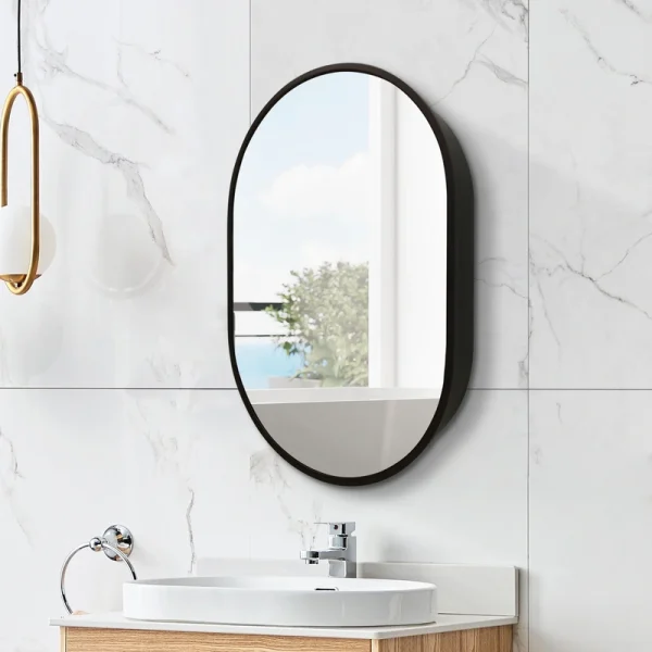 WELLFOR 24-in x 36-in Surface Mount Black Mirrored Oval Medicine Cabinet T726916608