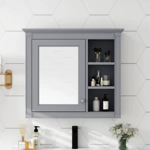 WELLFOR 30-in x 28-in Surface Mount Gray Mirrored Soft Close Medicine Cabinet