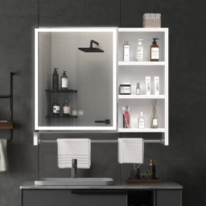 WELLFOR 31.5-in x 27.56-in Lighted LED Fog Free Surface Mount White Mirrored Soft Close Medicine Cabinet