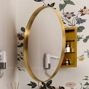 WELLFOR 31.5-in x 31.5-in Recessed Mount Gold Mirrored Round Medicine Cabinet