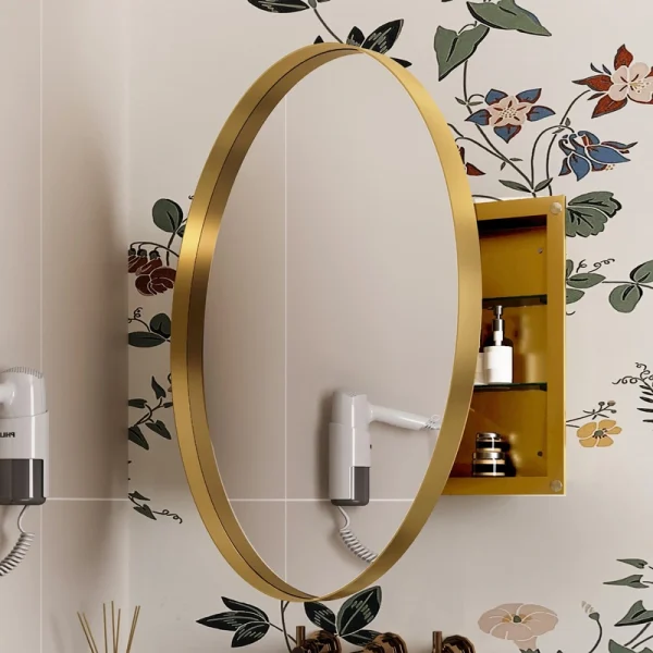 WELLFOR 31.5-in x 31.5-in Recessed Mount Gold Mirrored Round Medicine Cabinet