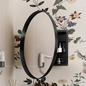 WELLFOR 31.5-in x 31.5-in Recessed Mount Matte Black Mirrored Round Medicine Cabinet