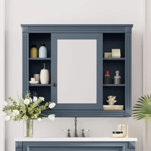 WELLFOR 35-in x 28.7-in Surface Mount Blue Mirrored Soft Close Medicine Cabinet