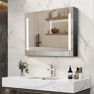 WELLFOR 36-in x 26-in Lighted LED Fog Free Surface Mount Black Mirrored Medicine Cabinet